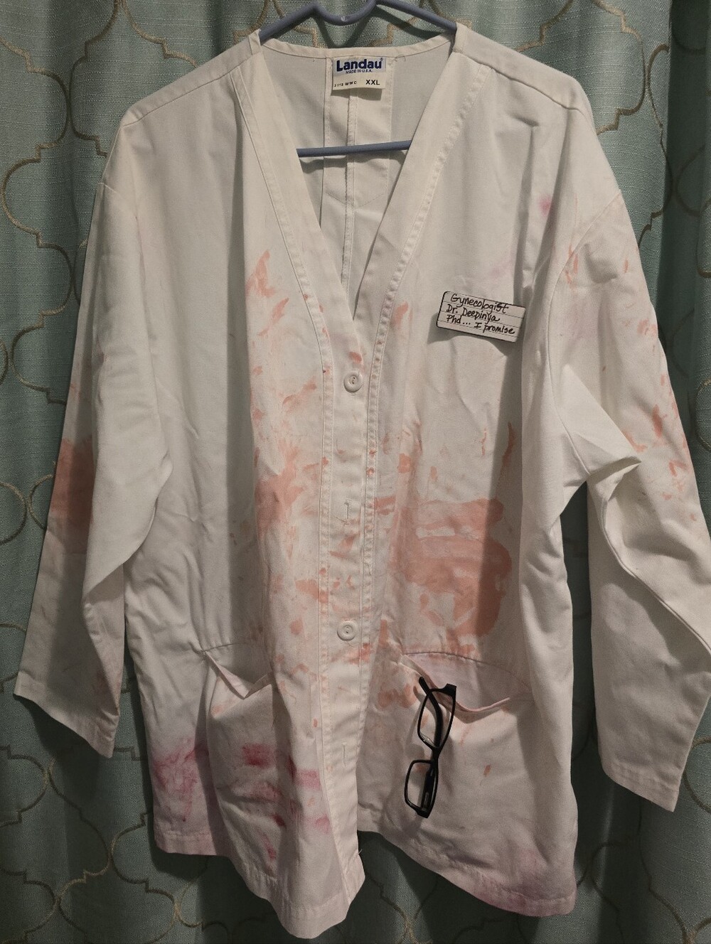 Halloween Costume 2XL Doctor Jacket Faux Blood Eyeglasses Shots Gloves Nametag